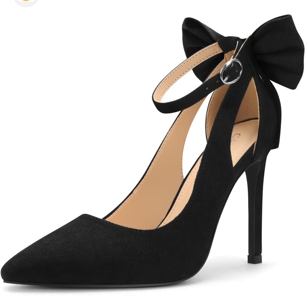 Carcuume Black Pointed Toe Bow Pumps Ankle Strap Stiletto Size 7 Women’s